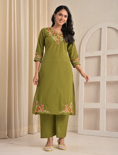 Mehendi green embroidered straight fit silk kurti set