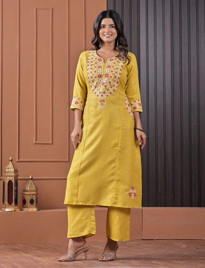 Mustard yellow linen kurti set with thread work
