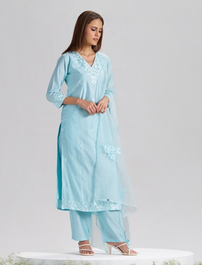 Mint blue embroidered straight cut silk kurti set