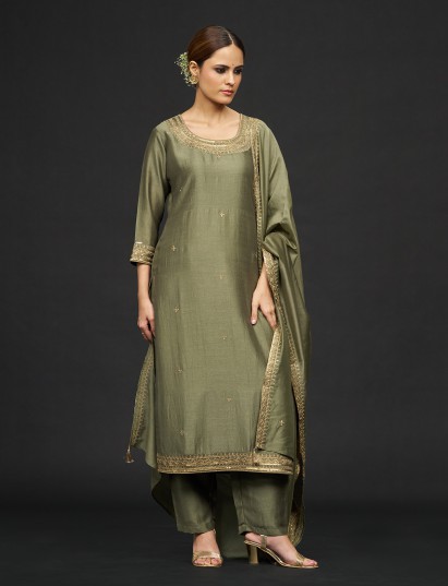 Mehendi green resham sequins silk kurti set