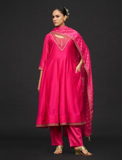 Magenta aabla resham sequins silk kurti set