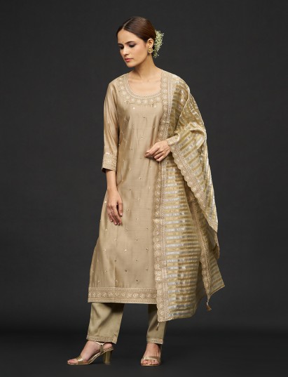 Beige resham sequins silk kurti pant dupatta set