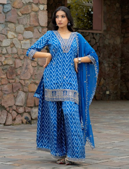 Blue bandhej resham sequins satin silk kurti set