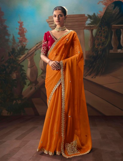 Orange fancy tissue silk wedding saree