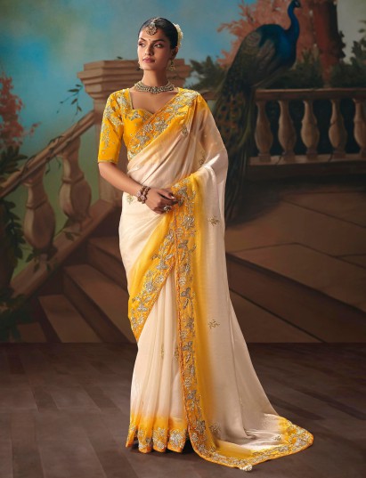Yellow cream fancy tissue silk haldi saree