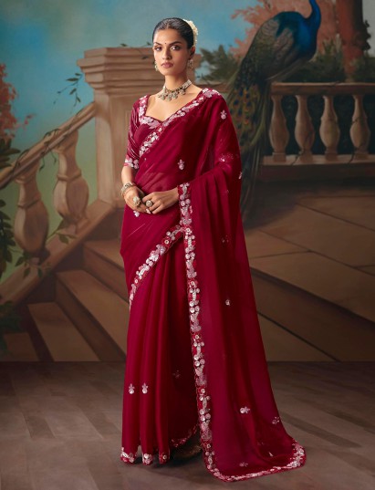 Wine fancy tissue silk saree with embroidery