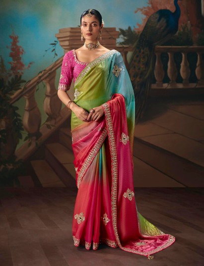 Multicolor fancy tissue silk saree in shaded pattern
