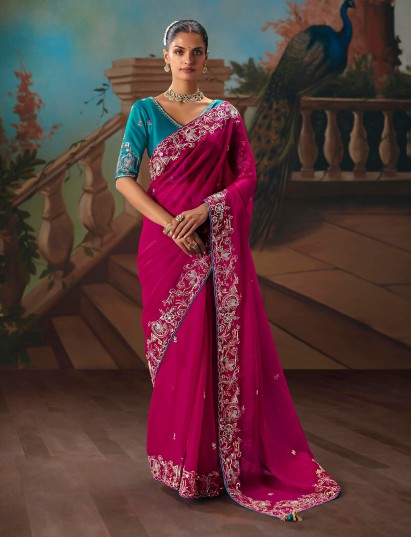 Rani pink silk butti saree in fancy tissue
