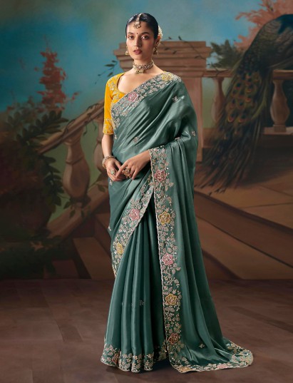 Mint blue fancy tissue silk party saree
