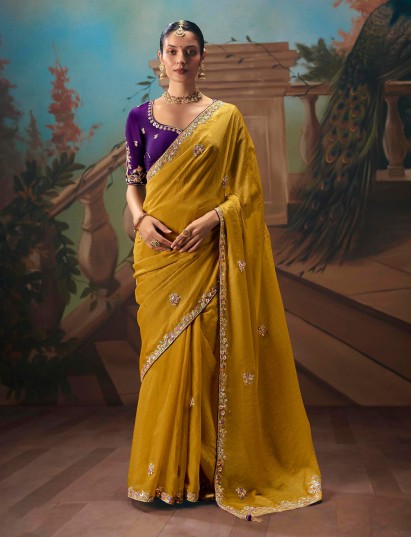 Mustard yellow silk wedding wear saree