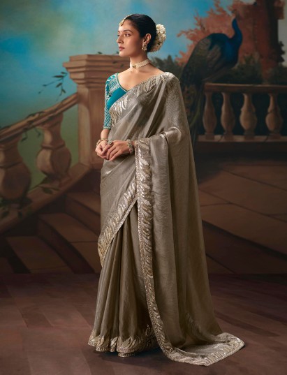 Grey fancy tissue silk festive wear saree