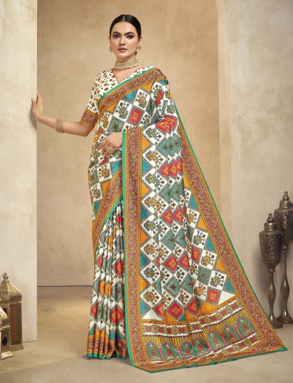 White crepe silk saree with digital print