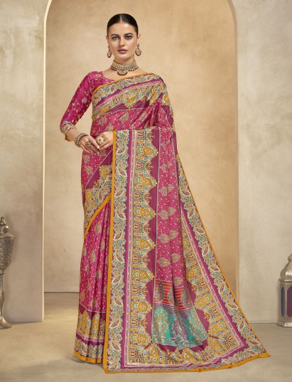 Rani pink digital printed crepe silk saree