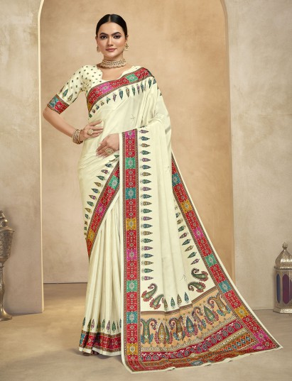 Cream digital printed crepe silk saree