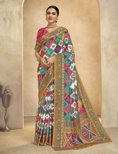 Multicolor digital printed crepe silk saree