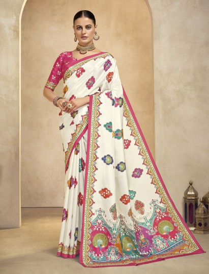 Off white digital printed crepe silk saree