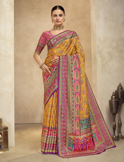 Mustard yellow crepe silk saree with print