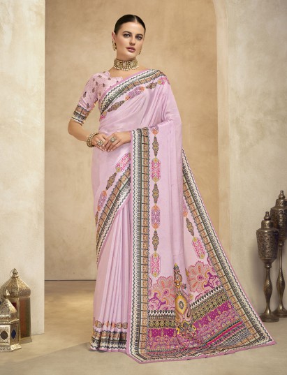 Light pink digital printed crepe silk saree