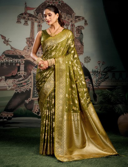 Mehendi green silk saree with elegant zari work