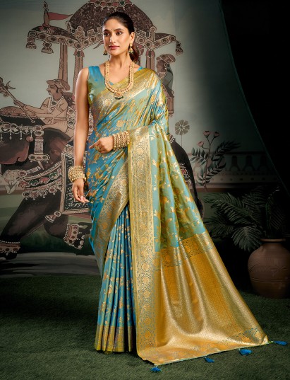 Aqua silk festive saree featuring refined zari