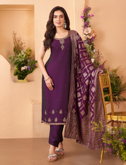 Purple silk salwar suit with subtle stone and zari
