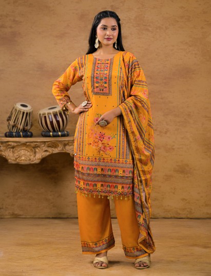 Mustard yellow embellished printed silk kurti set