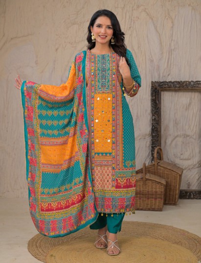 Blue embellished printed silk kurti pant set