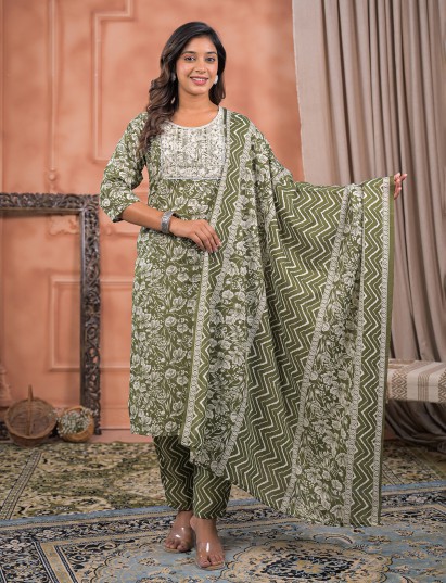 Green cotton silk printed kurti set for women