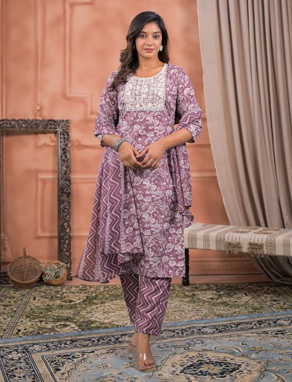 Onion pink printed cotton silk kurti set