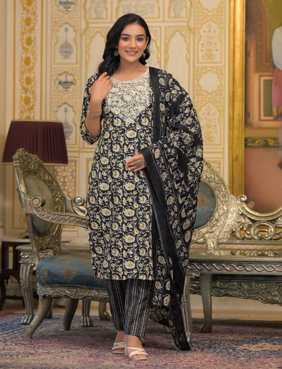Black cotton silk kurti set with yoke design