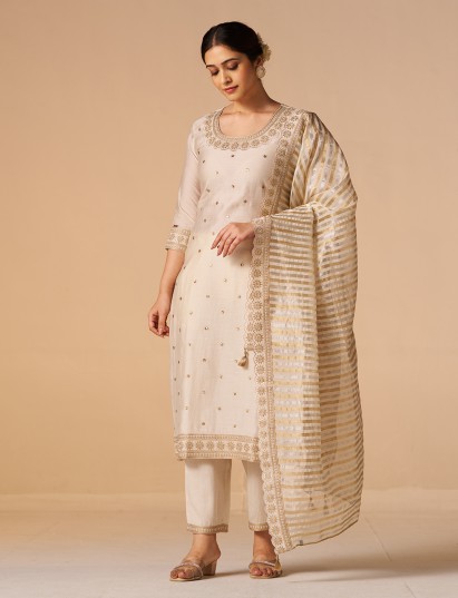 Cream silk resham embellished festive kurti set