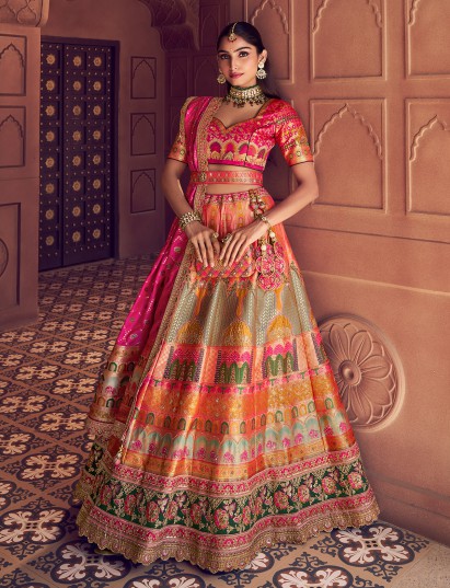 Multicolor banarasi silk lehenga choli adorned with zari work