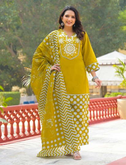 Mehendi yellow printed cotton kurti set