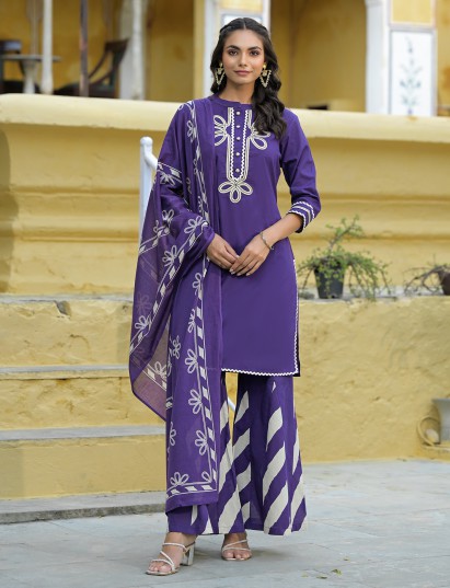 Purple cotton festive wear palazzo kurti set