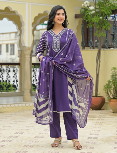 Purple printed cotton kurti set with festive vibe