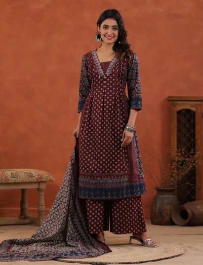 Brown printed palazzo kurti set with beads work