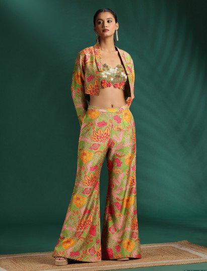 Elegant green silk palazzo suit with jacket for women