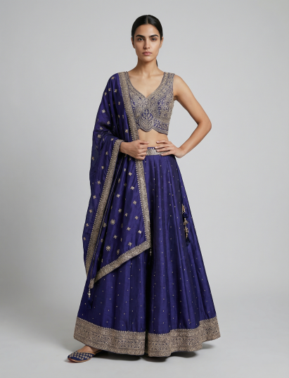 Royal blue silk sweetheart neck lehenga choli