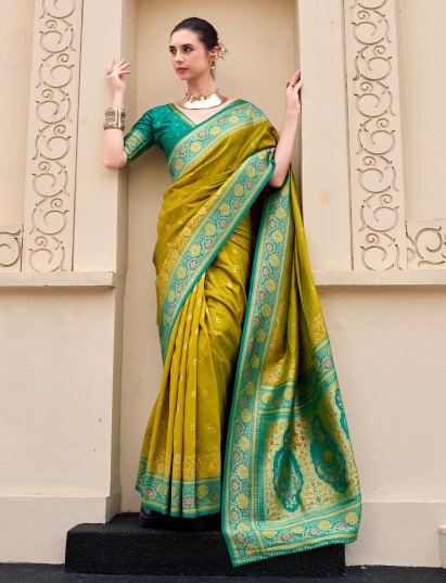 Sophisticated olive banarasi silk zari saree