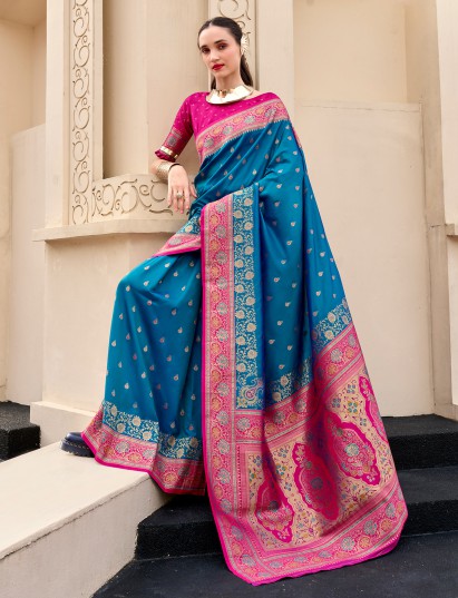 Elegant turkish blue banarasi silk saree