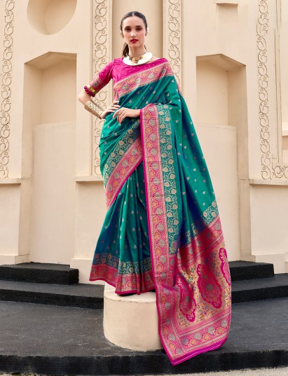 Majestic peacock blue banarasi silk saree