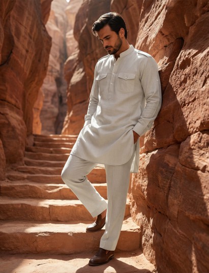 Cream elegant mandarin collar pathani suit