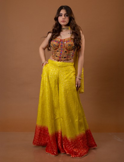 Yellow embellished cotton silk palazzo suit