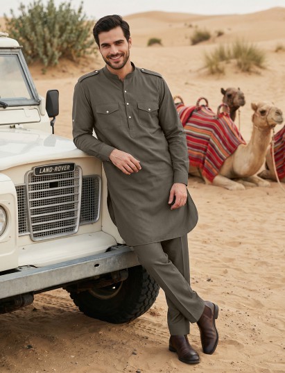 Bottle green elegant mandarin pathani ensemble