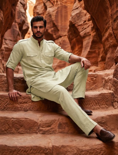 Deep green stylish mandarin pathani suit