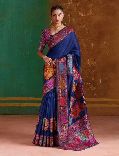 Navy blue modal cotton embroidered saree