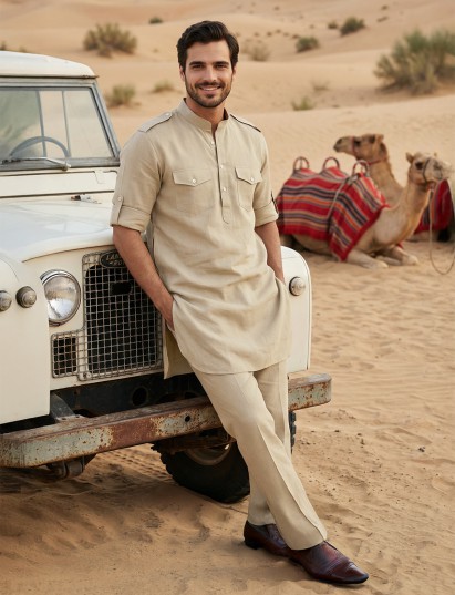 Khaki sleek mandarin collar pathani suit