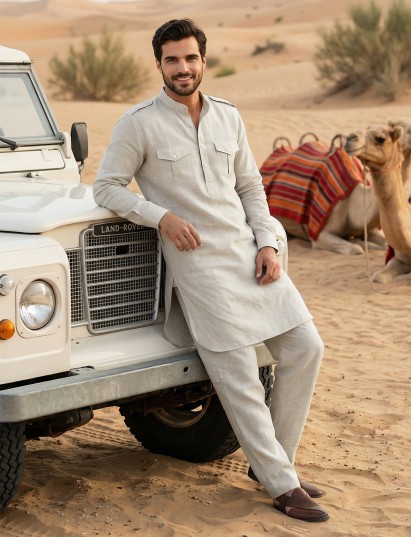 Natural beige modern mandarin pathani outfit