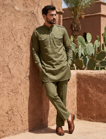 Mehandi green contemporary mandarin pathani suit