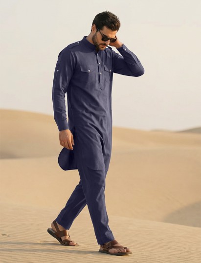 Navy blue stylish mandarin pathani ensemble